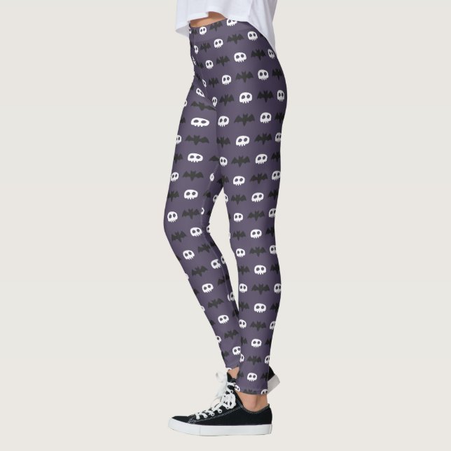 Skull and Bat Halloween Pattern Purple Leggings (Left)