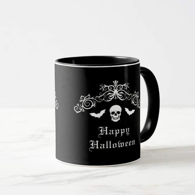 Skull And Bats Gothic Happy Halloween Black Mug (Front Right)
