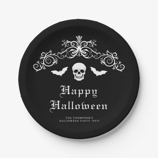 Skull And Bats Gothic Happy Halloween Black Paper Plate (Front)