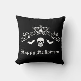 Skull And Bats Silhouette Happy Halloween Black Cushion