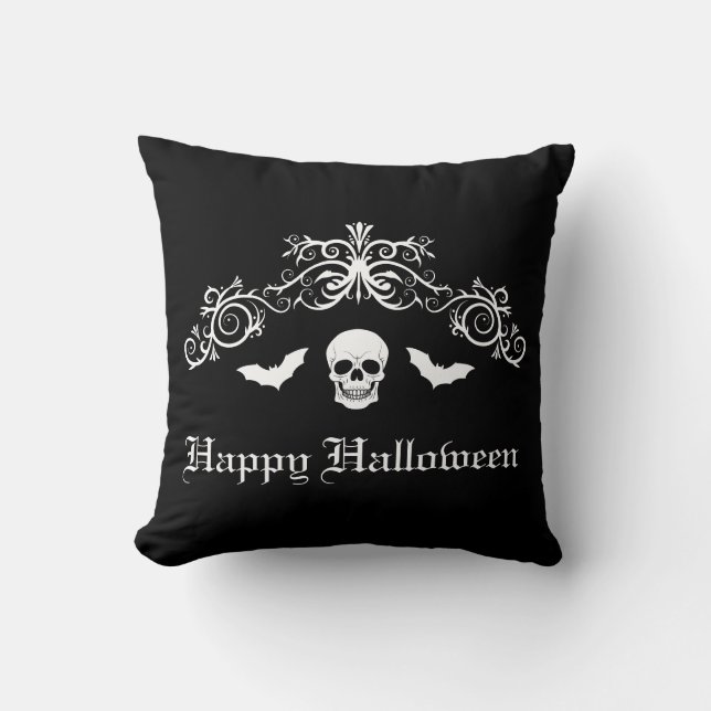 Skull And Bats Silhouette Happy Halloween Black Cushion (Front)