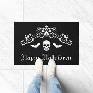 Skull And Bats Silhouette Happy Halloween Black Doormat