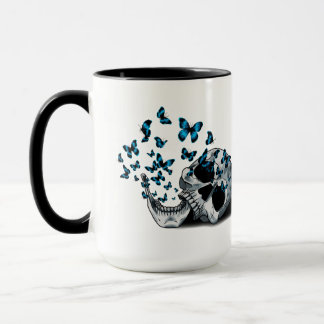 Skull and Blue Butterflies Black and White Mug