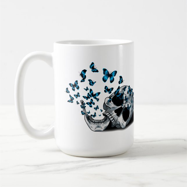 Skull and blue butterflies coffee mug (Left)