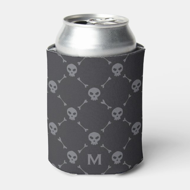 Skull and Bones Check Pattern Grey Monogram Can Cooler (Can Front)
