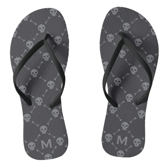 Skull and Bones Check Pattern Grey Monogram Flip Flops (Footbed)