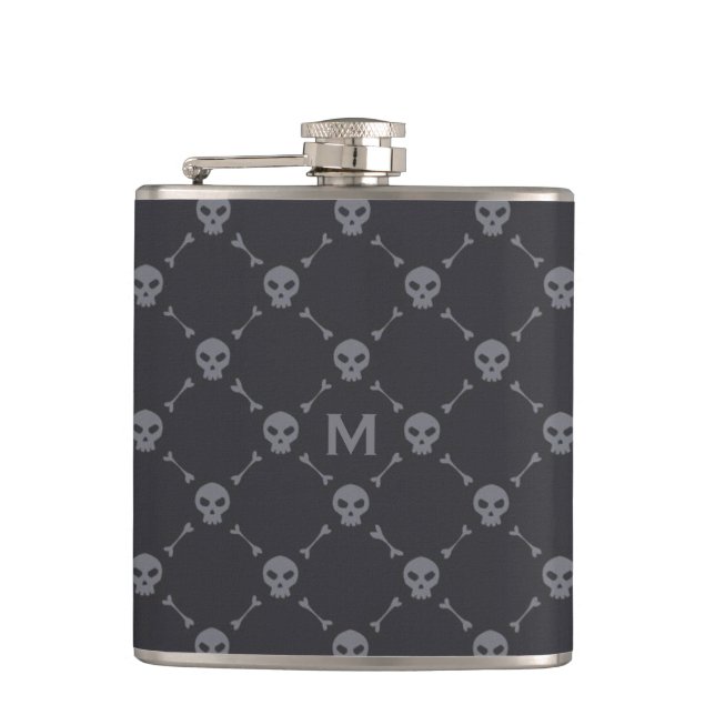 Skull and Bones Check Pattern Grey Monogram Hip Flask (Front)