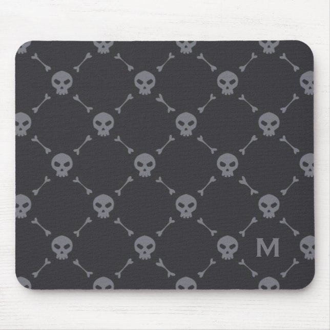 Skull and Bones Check Pattern Grey Monogram Mouse Mat (Front)