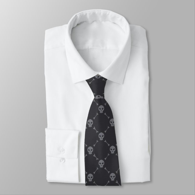 Skull and Bones Check Pattern Grey Tie (Tied)