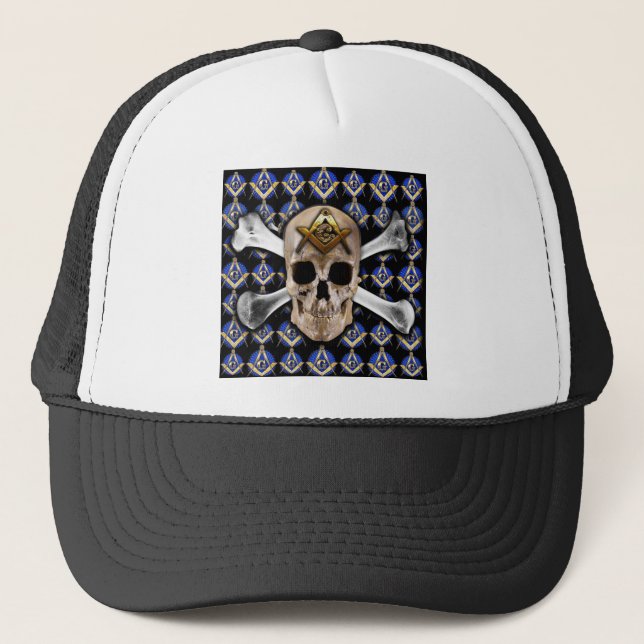 Skull  and Bones Square & Compass Black Trucker Hat (Front)
