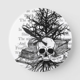 Skull and Books Round Clock