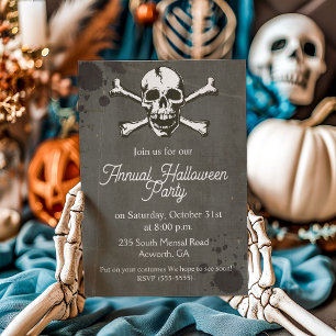 Skull and Cross Bones Grunge Halloween Party Invitation