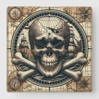 Skull And Cross Bones Sailing Ship 1 Square Wall Clock