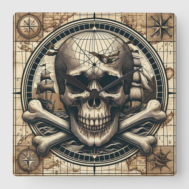 Skull And Cross Bones Sailing Ship 1 Square Wall Clock (Front)
