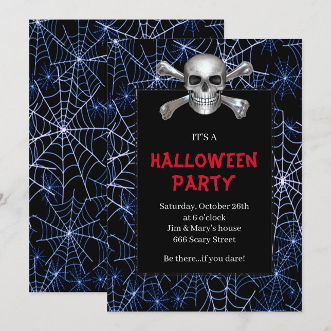 Skull And Crossbones Blue Cobweb Halloween Party Invitation (Front/Back)