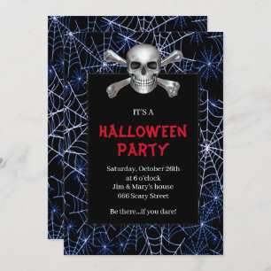 Skull And Crossbones Blue Cobweb Halloween Party Invitation