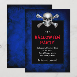 Skull And Crossbones Blue Grunge Halloween Party Invitation