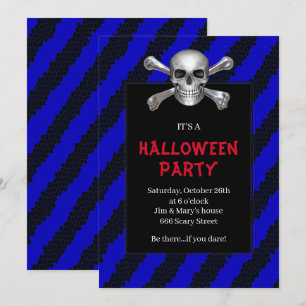 Skull And Crossbones Blue Stripe Halloween Party Invitation