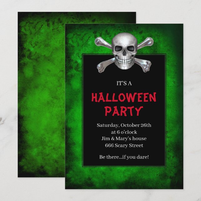 Skull And Crossbones Green Grunge Halloween Party Invitation (Front/Back)