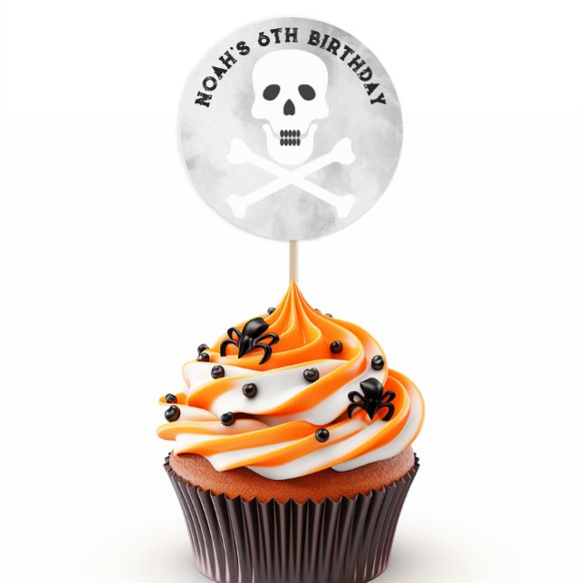 Skull and Crossbones Halloween Birthday Sticker (Skull & Crossbones Halloween Birthday Party Sticker Favor/ Black & White)