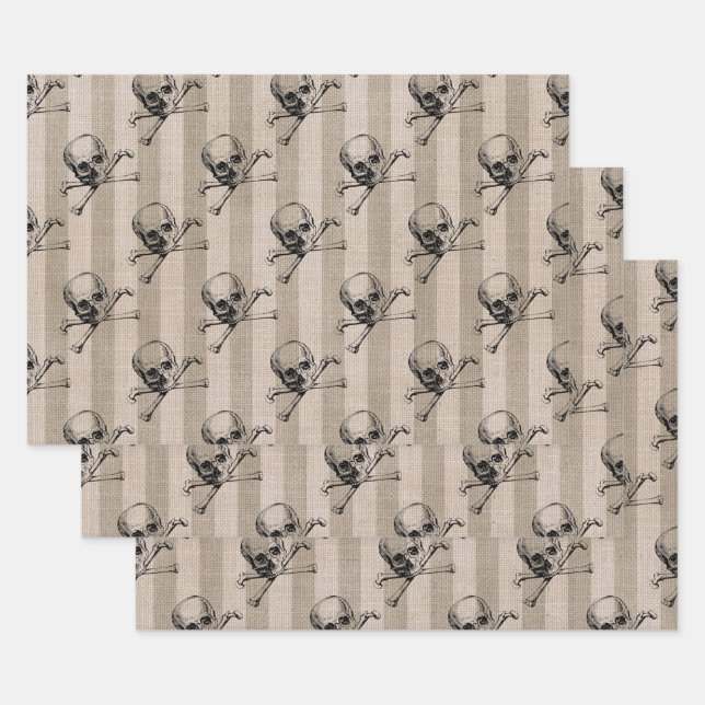 Skull and Crossbones on Tan Striped Wrapping Paper Sheet (Set)
