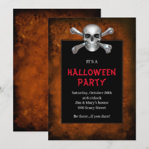 Skull And Crossbones Orange Grunge Halloween Party Invitation