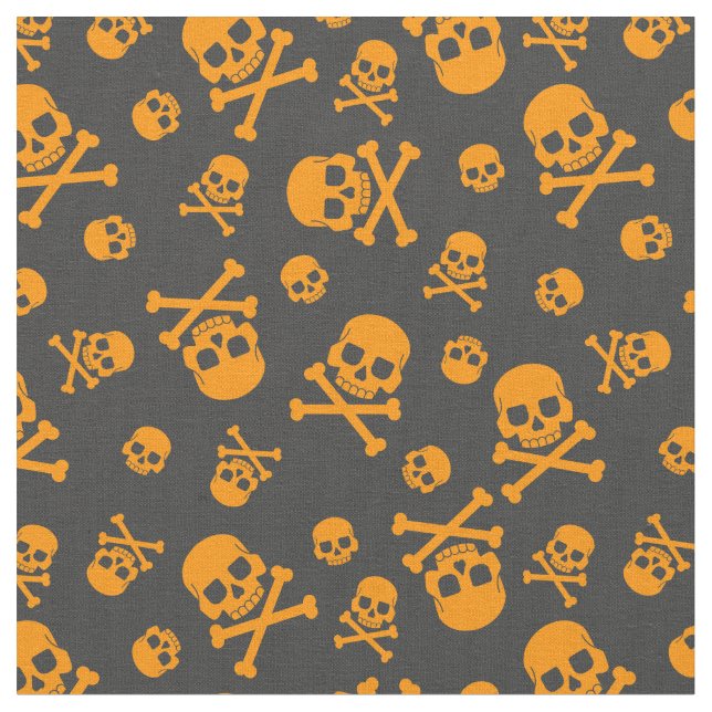 Skull and Crossbones Orange Halloween Fabric (Close Up)