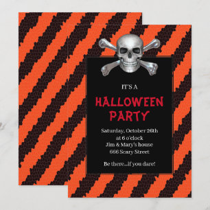 Skull And Crossbones Orange Stripe Halloween Party Invitation