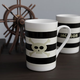 Skull and Crossbones Pirate Black White Stripes Bone China Mug