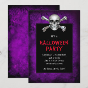 Skull And Crossbones Purple Grunge Halloween Party Invitation