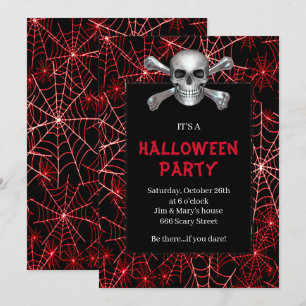 Skull And Crossbones Red Cobweb Halloween Party Invitation