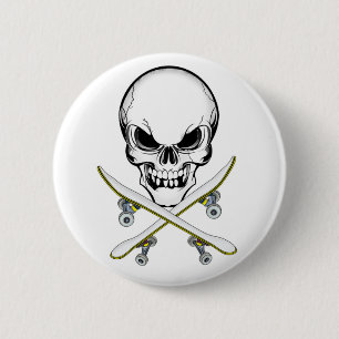 Skull and Crossed Skateboards Button
