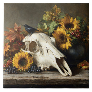 Skull and Crow Autumn Still Life Tile