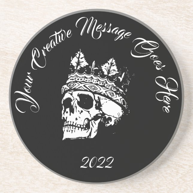Skull and Crown Personalized Black Coaster  (Front)
