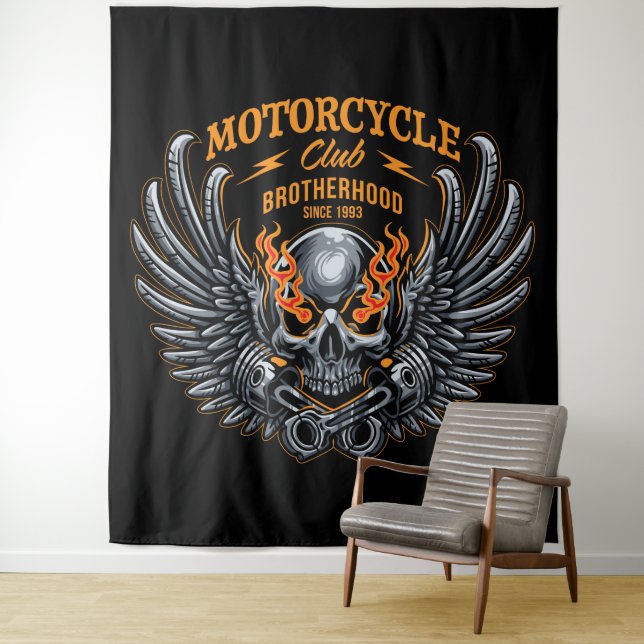Skull and Flames Brotherhood Motorcycle Club Tapestry (In Situ)