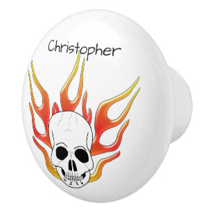 Skull And Flames Design Personalised Ceramic Knob