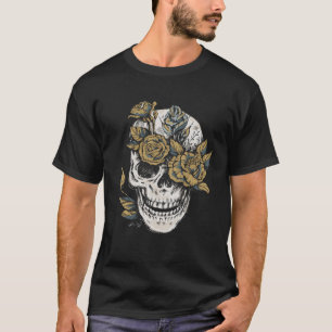 Skull And Flower Rose Hand Drawn T-Shirt