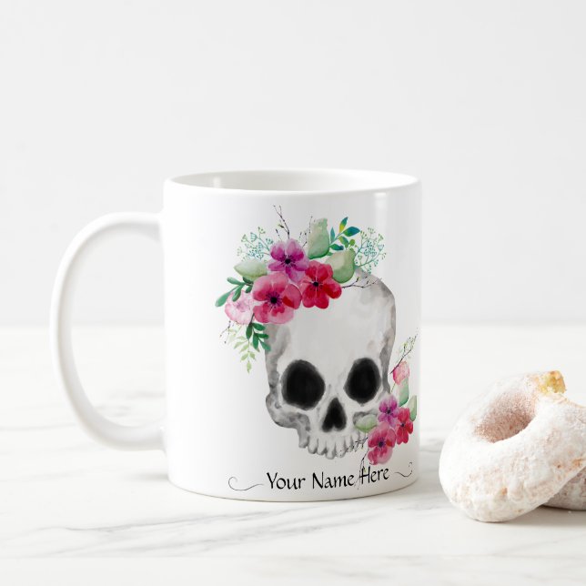 Skull And Flowers Any Name Coffee Mug (With Donut)