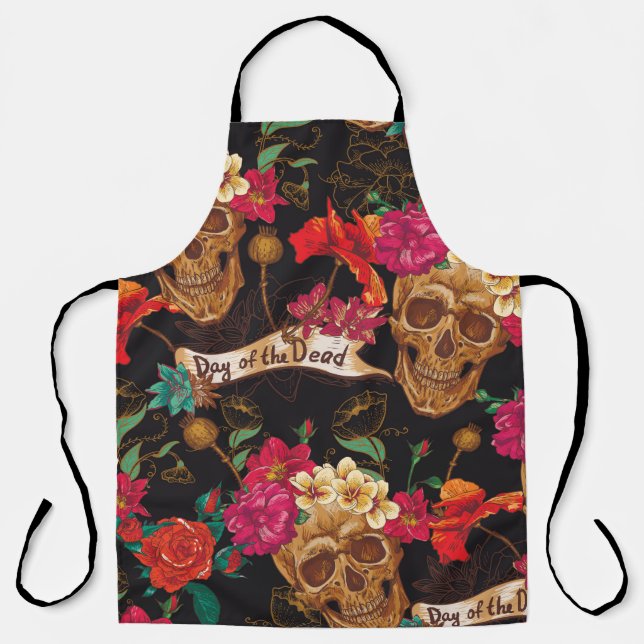 Skull and Flowers Day of The Dead Seamless Backgro Apron (Front)