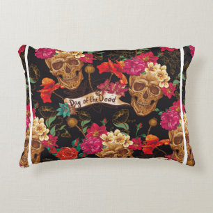 Skull and Flowers Day of The Dead Seamless Backgro Decorative Cushion
