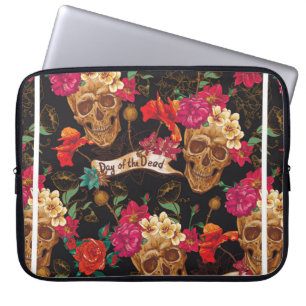 Skull and Flowers Day of The Dead Seamless Backgro Laptop Sleeve