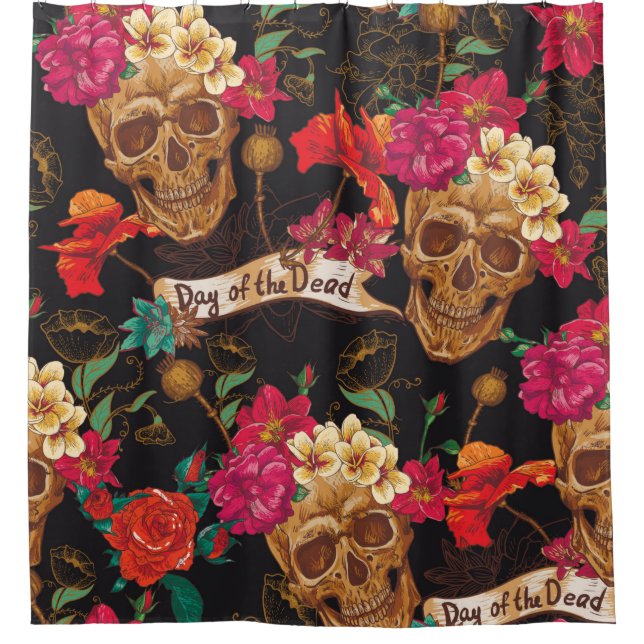 Skull and Flowers Day of The Dead Seamless Backgro Shower Curtain (Front)
