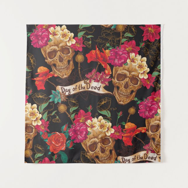 Skull and Flowers Day of The Dead Seamless Backgro Tapestry (Front)