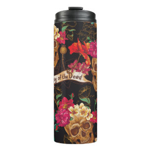 Skull and Flowers Day of The Dead Seamless Backgro Thermal Tumbler