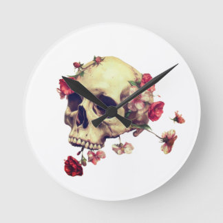Skull and flowers round clock