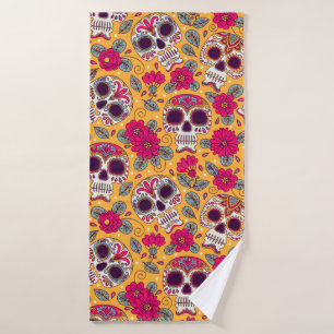 Skull and Flowers. Seamless Background. Mexican da Bath Towel