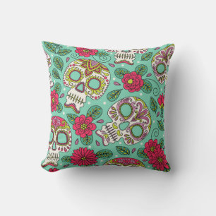 Skull and Flowers. Seamless Background. Mexican da Cushion
