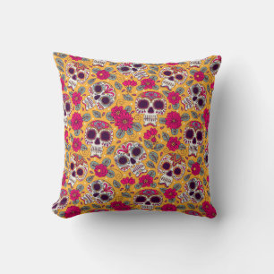 Skull and Flowers. Seamless Background. Mexican da Cushion