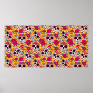 Skull and Flowers. Seamless Background. Mexican da Poster