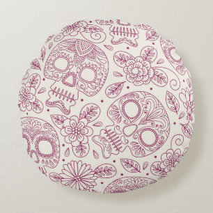 Skull and Flowers. Seamless Background. Mexican da Round Cushion